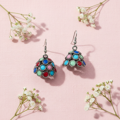 Oxidized Silver Multicolor Stone Jhumki Earrings – Boho Ethnic Dome Drop Earrings for Women & Girls