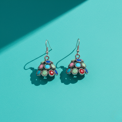 Oxidized Silver Multicolor Stone Jhumki Earrings – Boho Ethnic Dome Drop Earrings for Women & Girls