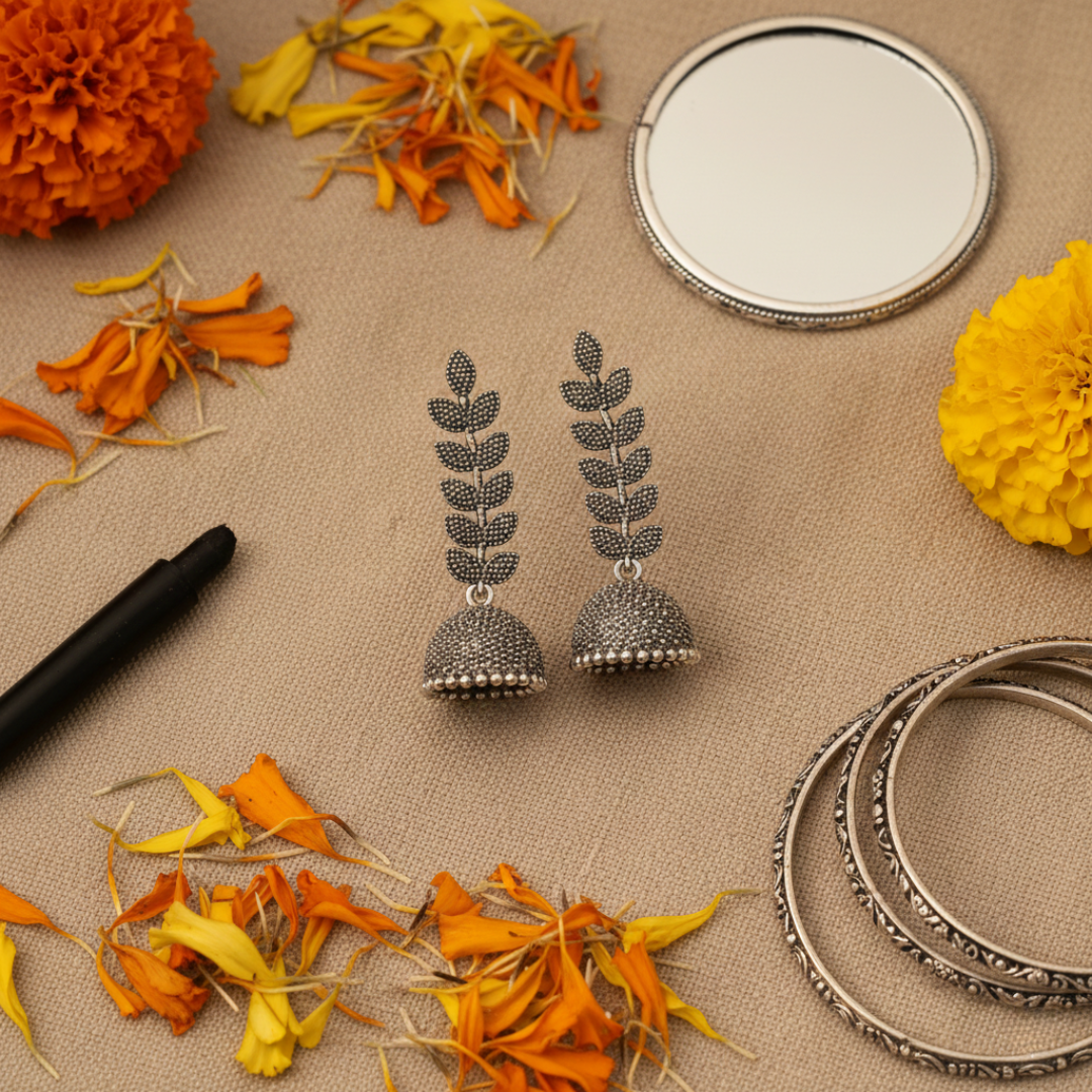 Oxidized Silver Leaf Design Jhumki Earrings for Women | Traditional Dome Jhumka | Ethnic Statement Jewelry