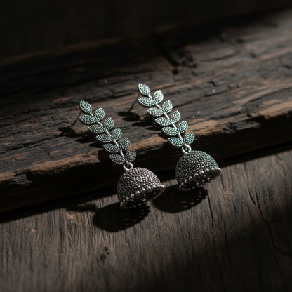 Oxidized Silver Leaf Design Jhumki Earrings for Women | Traditional Dome Jhumka | Ethnic Statement Jewelry