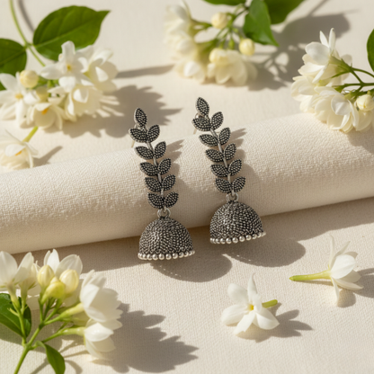 Oxidized Silver Leaf Design Jhumki Earrings for Women | Traditional Dome Jhumka | Ethnic Statement Jewelry