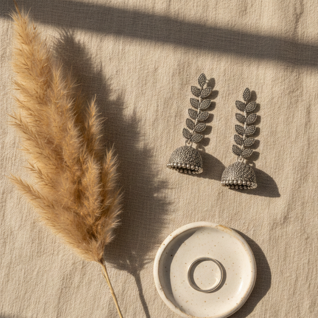 Oxidized Silver Leaf Design Jhumki Earrings for Women | Traditional Dome Jhumka | Ethnic Statement Jewelry