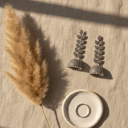 Oxidized Silver Leaf Design Jhumki Earrings for Women | Traditional Dome Jhumka | Ethnic Statement Jewelry