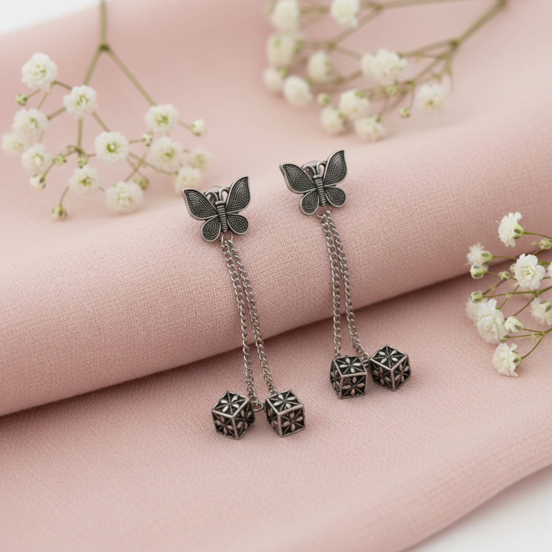 Oxidised Silver Butterfly Jhumki Earrings with Double Chain Drop – Handcrafted Ethnic Jewellery