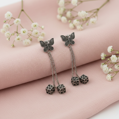 Oxidised Silver Butterfly Jhumki Earrings with Double Chain Drop – Handcrafted Ethnic Jewellery