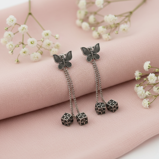 Oxidised Silver Butterfly Jhumki Earrings with Double Chain Drop – Handcrafted Ethnic Jewellery