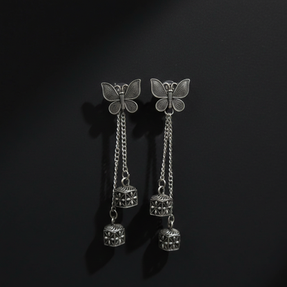 Oxidised Silver Butterfly Jhumki Earrings with Double Chain Drop – Handcrafted Ethnic Jewellery