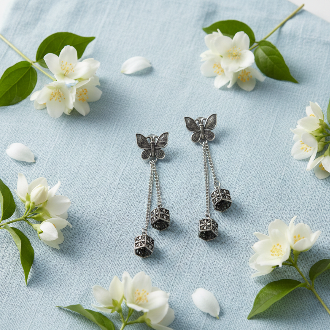 Oxidised Silver Butterfly Jhumki Earrings with Double Chain Drop – Handcrafted Ethnic Jewellery