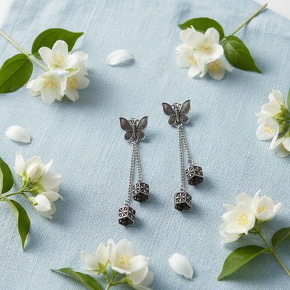 Oxidised Silver Butterfly Jhumki Earrings with Double Chain Drop – Handcrafted Ethnic Jewellery