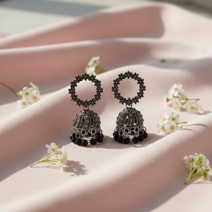 Oxidised Silver Black Bead Jhumki Earrings | Handcrafted Traditional Floral Jhumkas