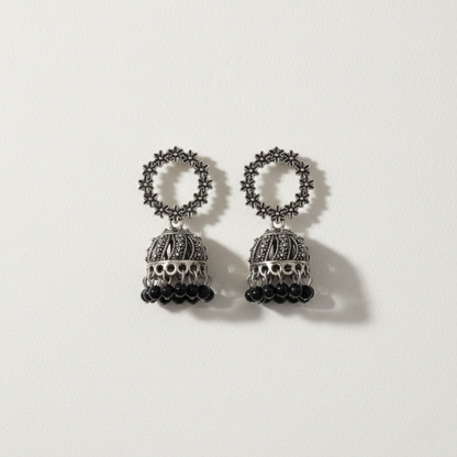 Oxidised Silver Black Bead Jhumki Earrings | Handcrafted Traditional Floral Jhumkas