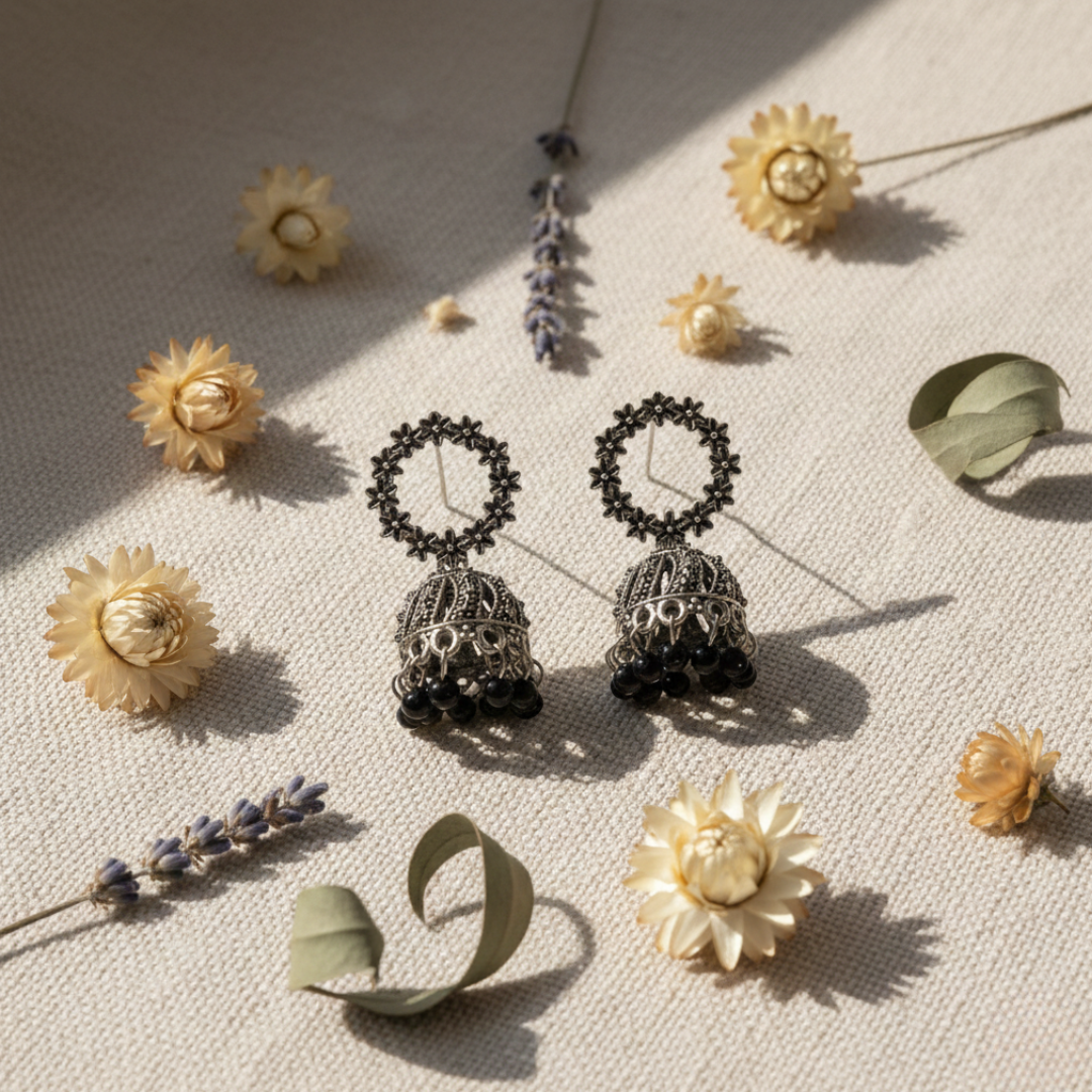 Oxidised Silver Black Bead Jhumki Earrings | Handcrafted Traditional Floral Jhumkas