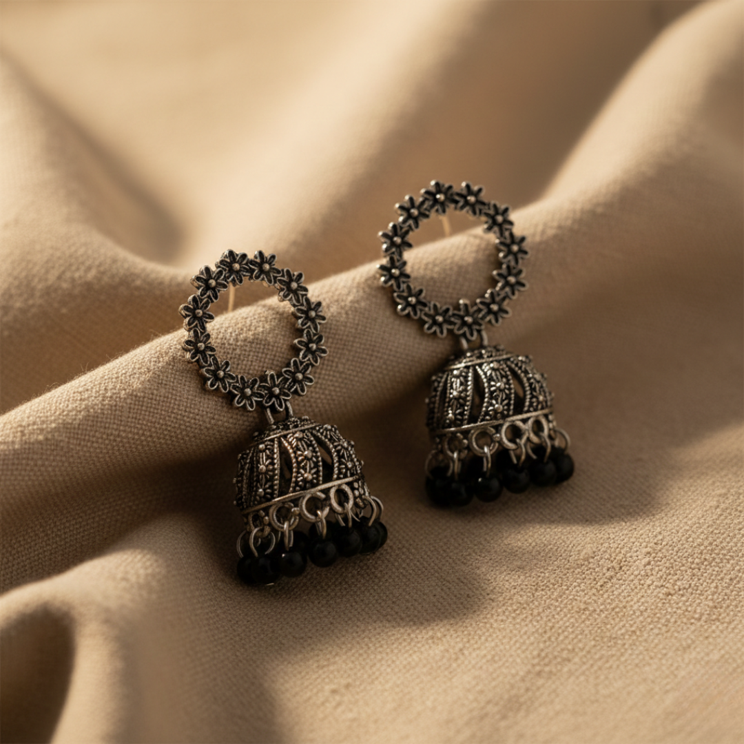 Oxidised Silver Black Bead Jhumki Earrings | Handcrafted Traditional Floral Jhumkas