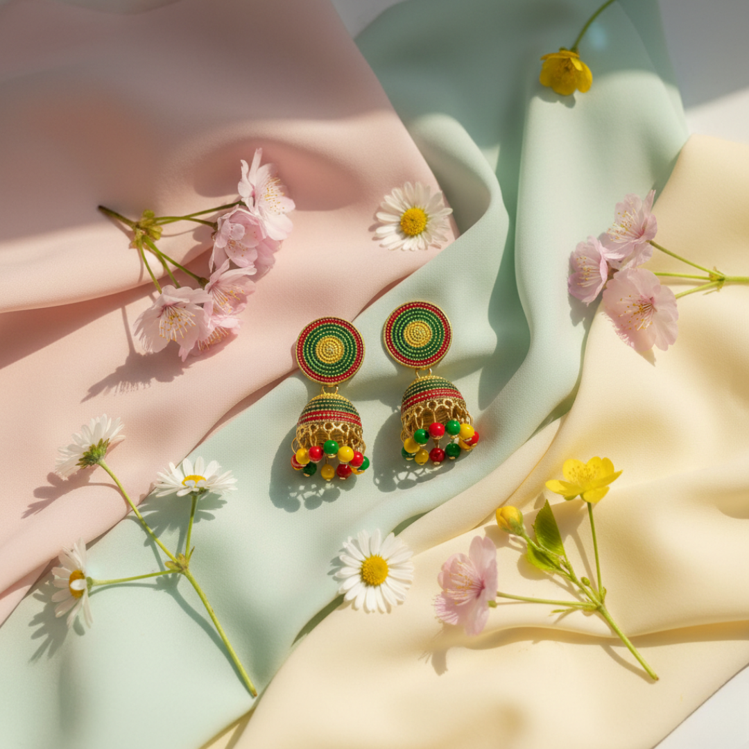 Multicolor Handcrafted Jhumki Earrings with Beaded Detailing – Traditional Indian Ethnic Jewelry