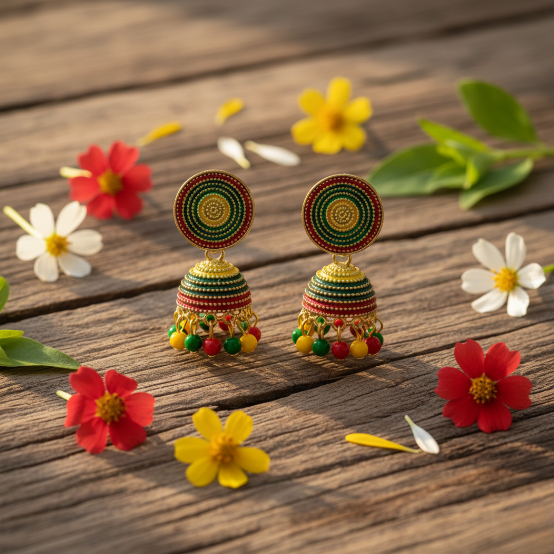 Multicolor Handcrafted Jhumki Earrings with Beaded Detailing – Traditional Indian Ethnic Jewelry