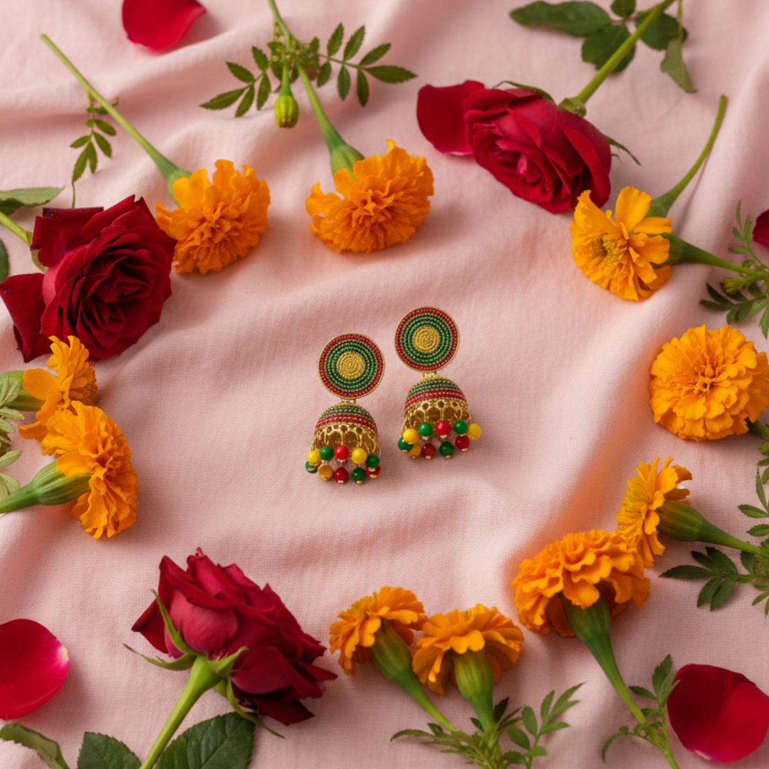 Multicolor Handcrafted Jhumki Earrings with Beaded Detailing – Traditional Indian Ethnic Jewelry