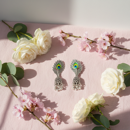 Peacock Feather Silver Jhumki Earrings | Oxidised Traditional Jhumkas for Women