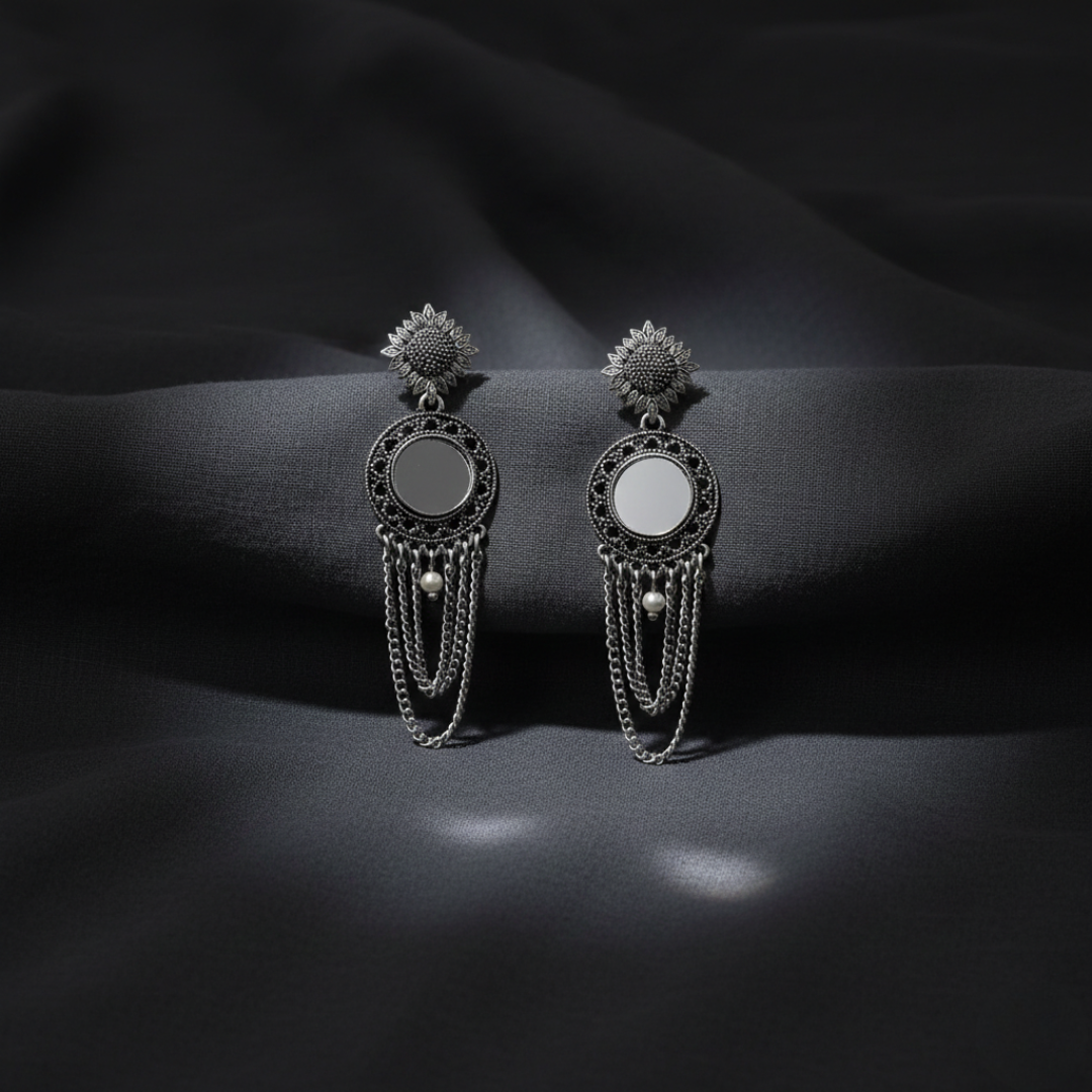 Oxidised Silver Mirror Jhumki Earrings for Women | Handmade Ethnic Statement Jewelry