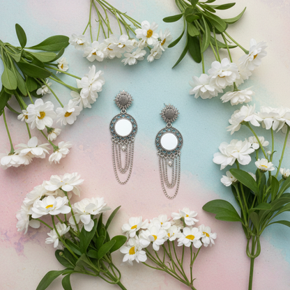 Oxidised Silver Mirror Jhumki Earrings for Women | Handmade Ethnic Statement Jewelry