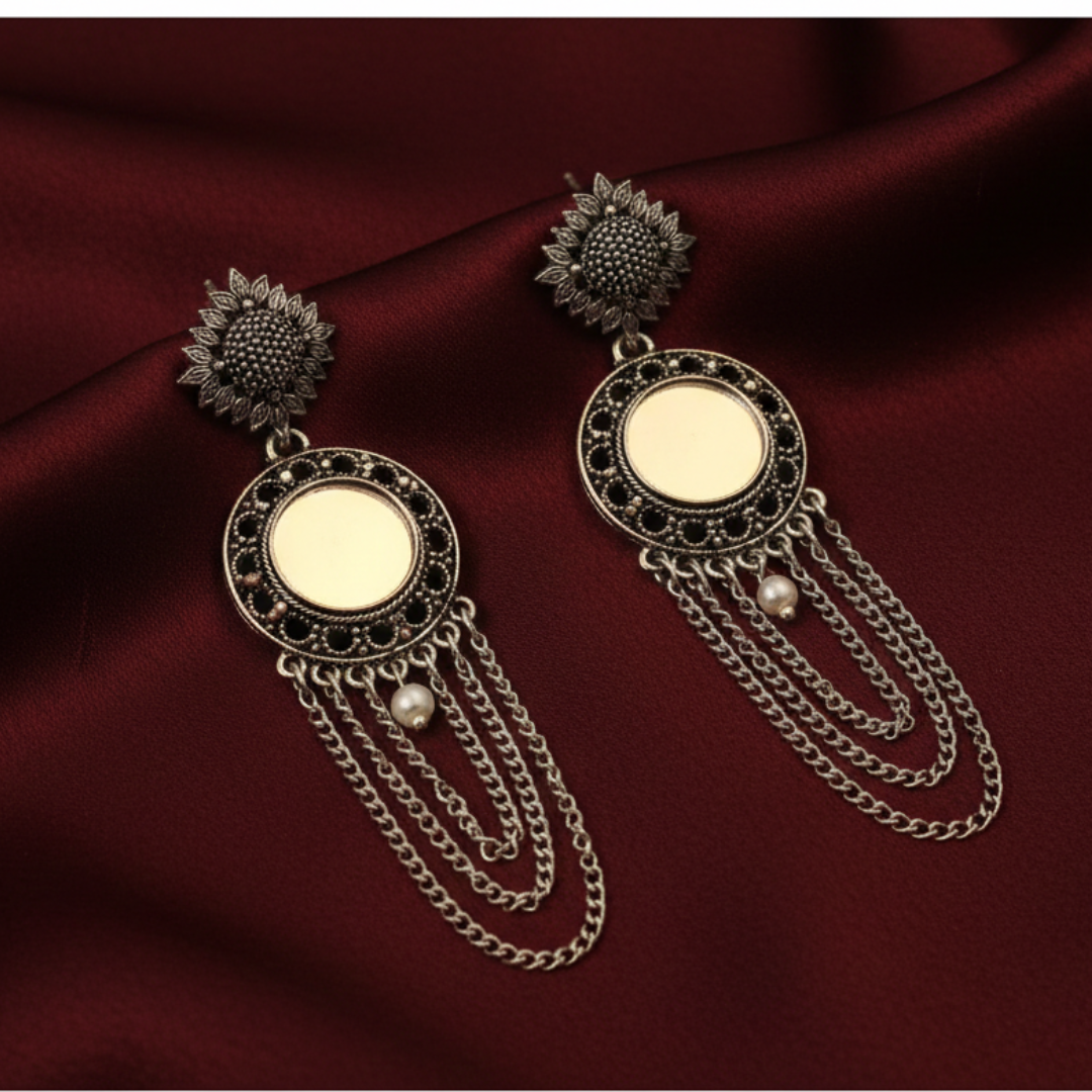 Oxidised Silver Mirror Jhumki Earrings for Women | Handmade Ethnic Statement Jewelry