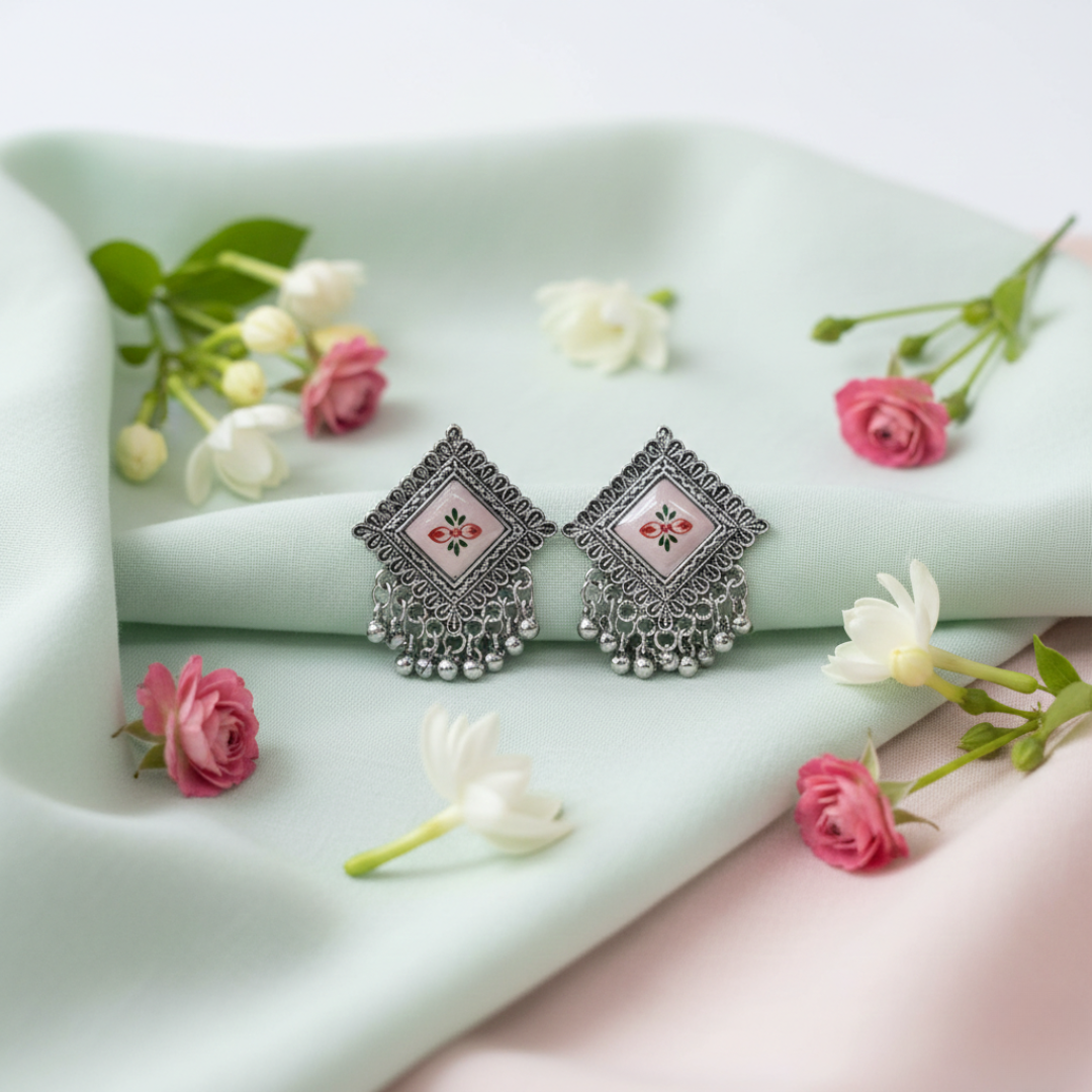 Oxidised Silver Square Floral Enamel Jhumki Earrings with Ghungroo Drops