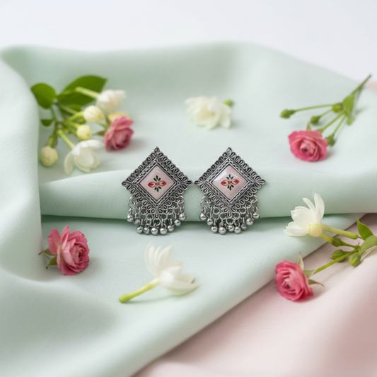 Oxidised Silver Square Floral Enamel Jhumki Earrings with Ghungroo Drops