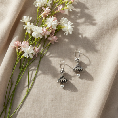 Oxidized Silver Pearl Drop Jhumki Earrings | Handcrafted Traditional Indian Jewelry