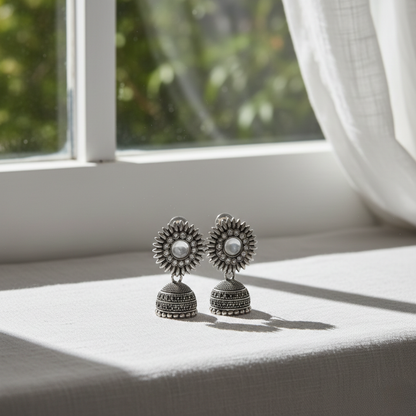 Oxidised Silver Mirror Work Floral Jhumki Earrings for Women – Traditional Ethnic Jewellery