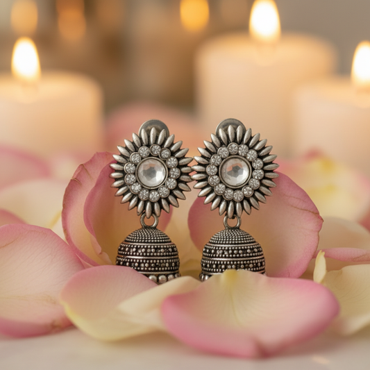 Oxidised Silver Mirror Work Floral Jhumki Earrings for Women – Traditional Ethnic Jewellery