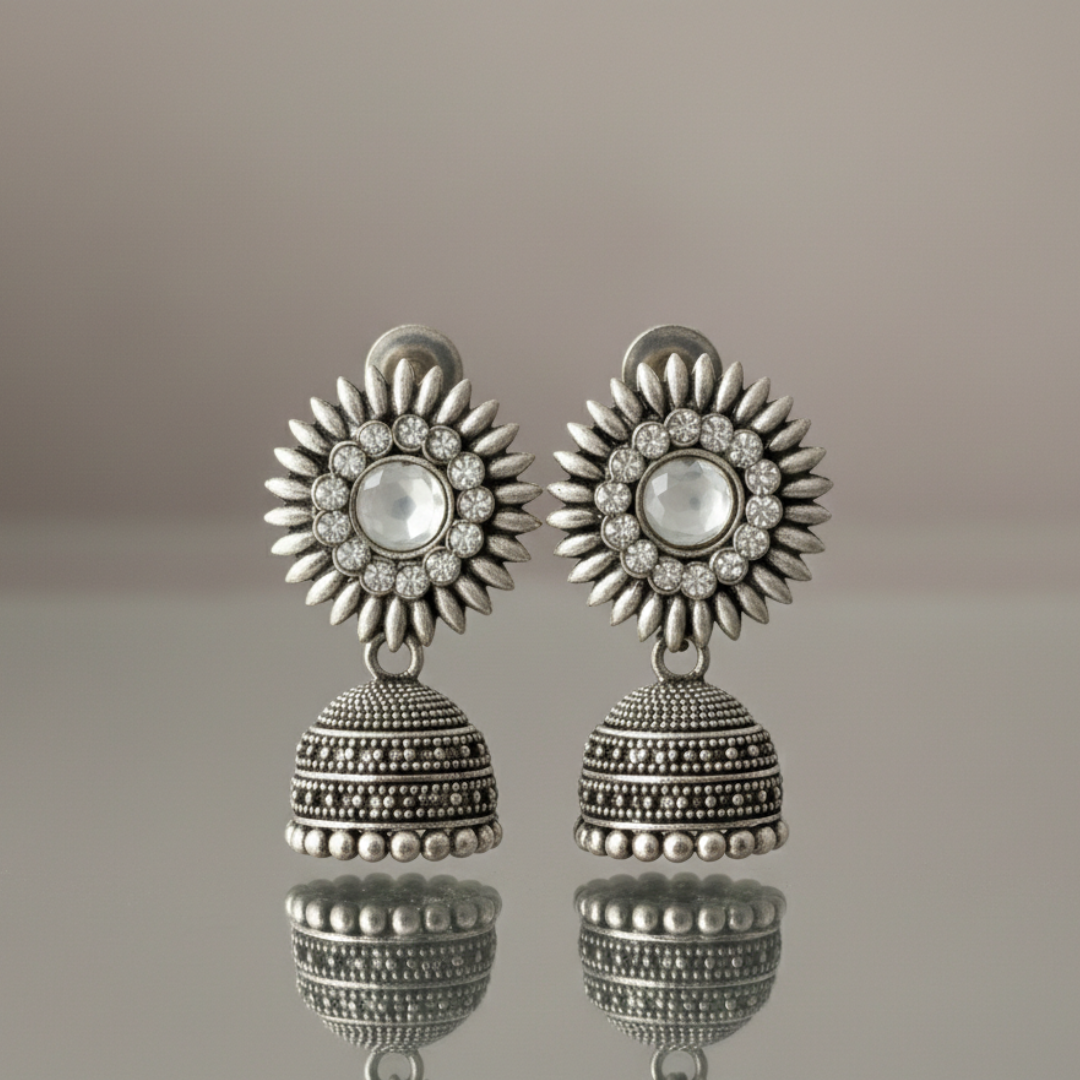 Oxidised Silver Mirror Work Floral Jhumki Earrings for Women – Traditional Ethnic Jewellery