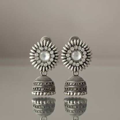 Oxidised Silver Mirror Work Floral Jhumki Earrings for Women – Traditional Ethnic Jewellery