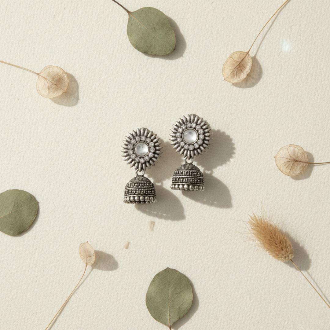Oxidised Silver Mirror Work Floral Jhumki Earrings for Women – Traditional Ethnic Jewellery