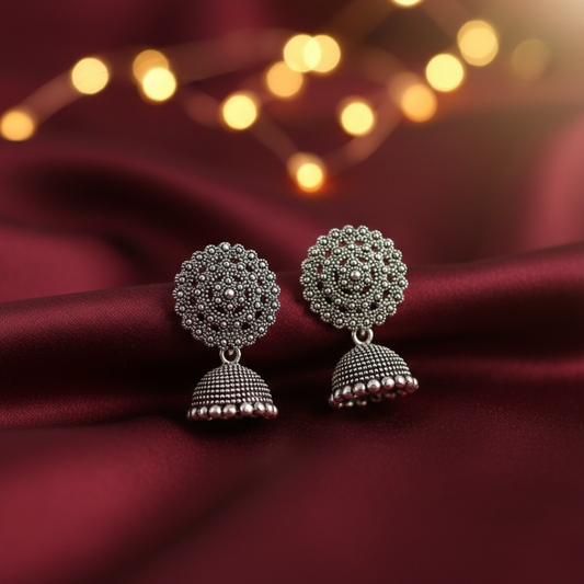 Oxidized Silver Leaf Design Jhumki Earrings for Women | Traditional Dome Jhumka | Ethnic Statement Jewelry for Festive & Daily Wear