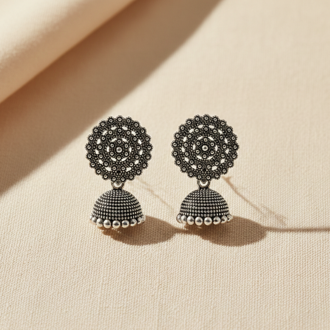Oxidized Silver Leaf Design Jhumki Earrings for Women | Traditional Dome Jhumka | Ethnic Statement Jewelry for Festive & Daily Wear