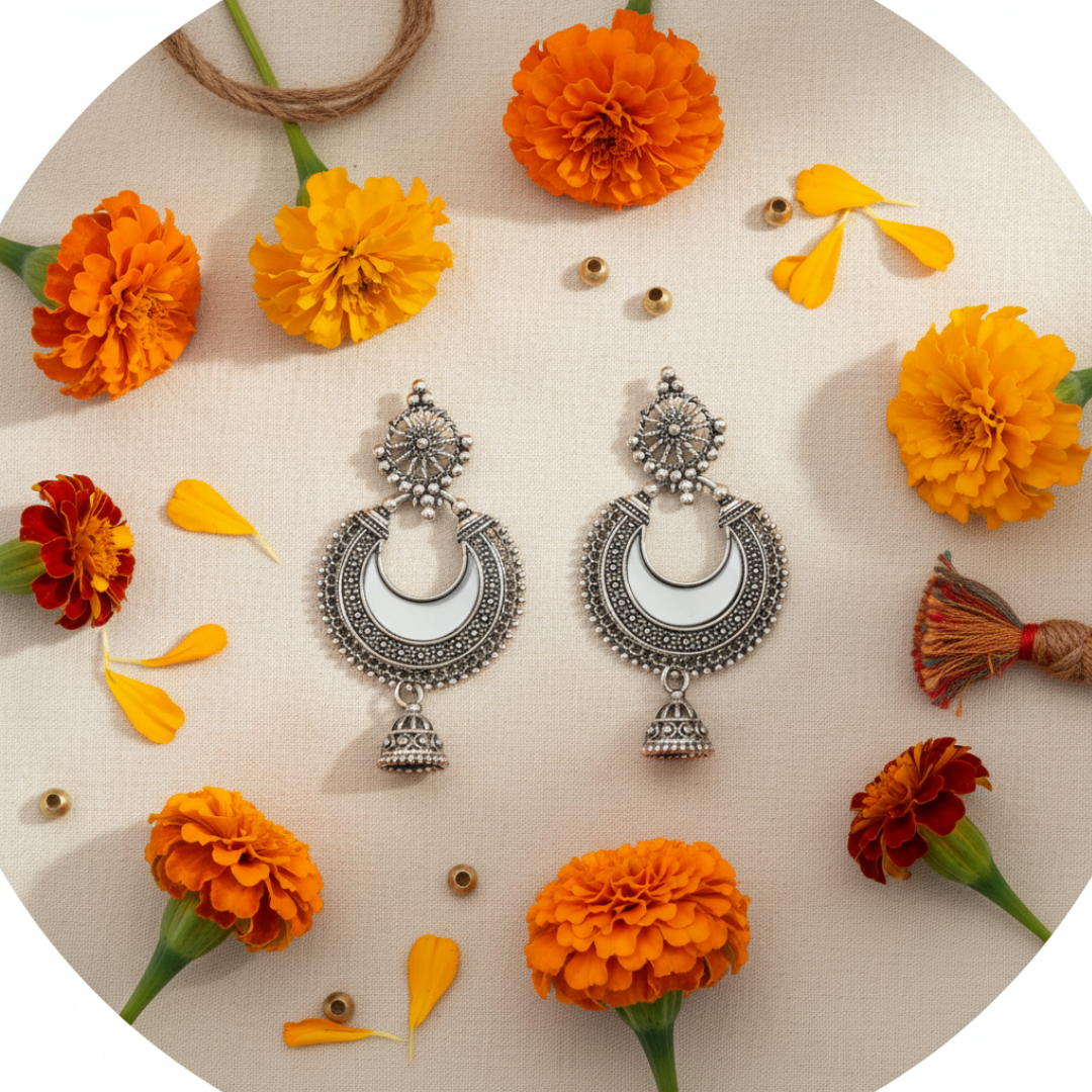 Oxidized Silver Leaf Chandbali Jhumki – Traditional Dome Statement Earrings