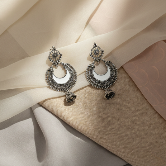 Oxidized Silver Leaf Chandbali Jhumki – Traditional Dome Statement Earrings