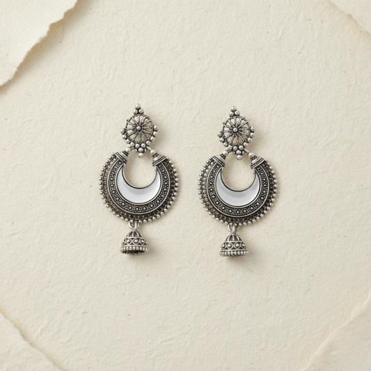 Oxidized Silver Leaf Chandbali Jhumki – Traditional Dome Statement Earrings