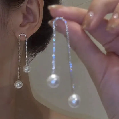 Silver U-Shaped Rhinestone Drop Earrings With Pearl Accent