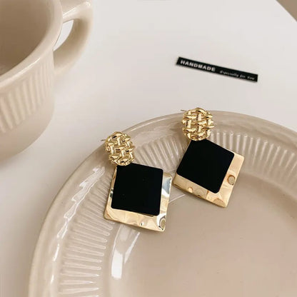 Black Golden Square Plate Earrings For Women