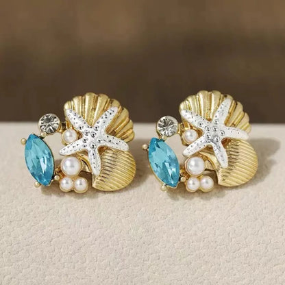 Golden Blue White Starfish Shell Pearl Stud Earrings