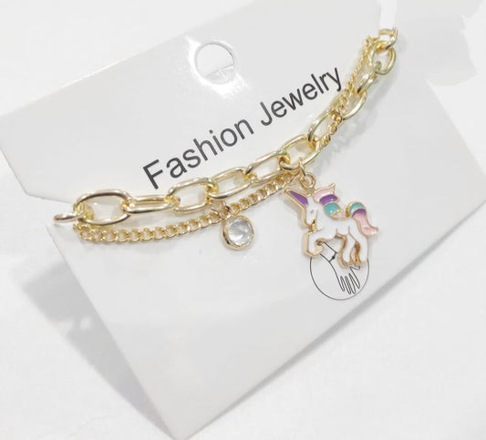 Golden Dual Chain Unicorn Charm Bracelet For Girls