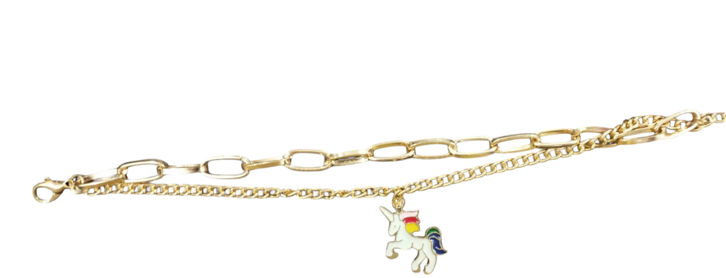 Golden Dual Chain Unicorn Charm Bracelet For Girls