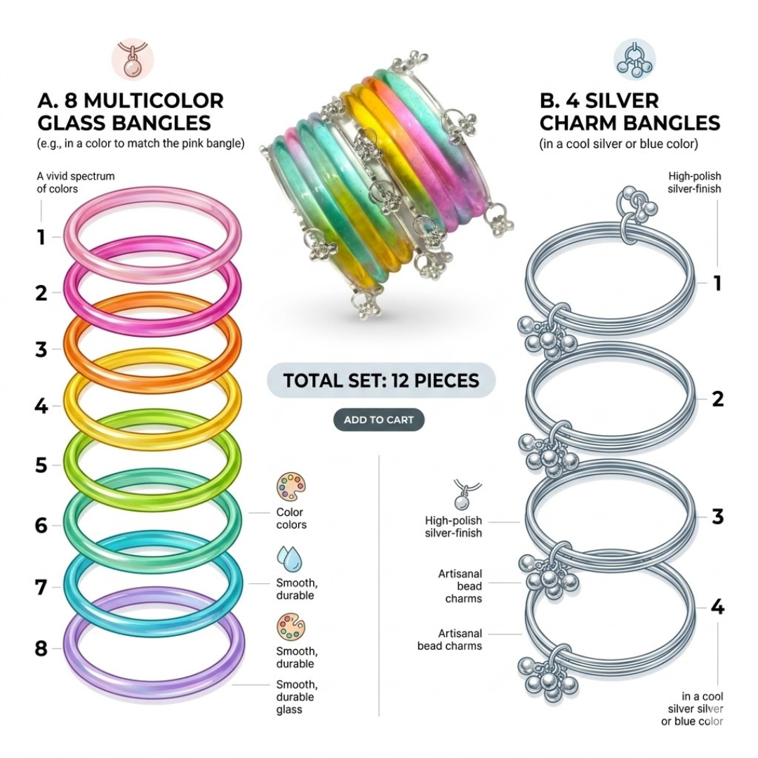Multicolor Jelly Bangles & Silver Kashmiri Charm Bangles Set – 12 Pieces