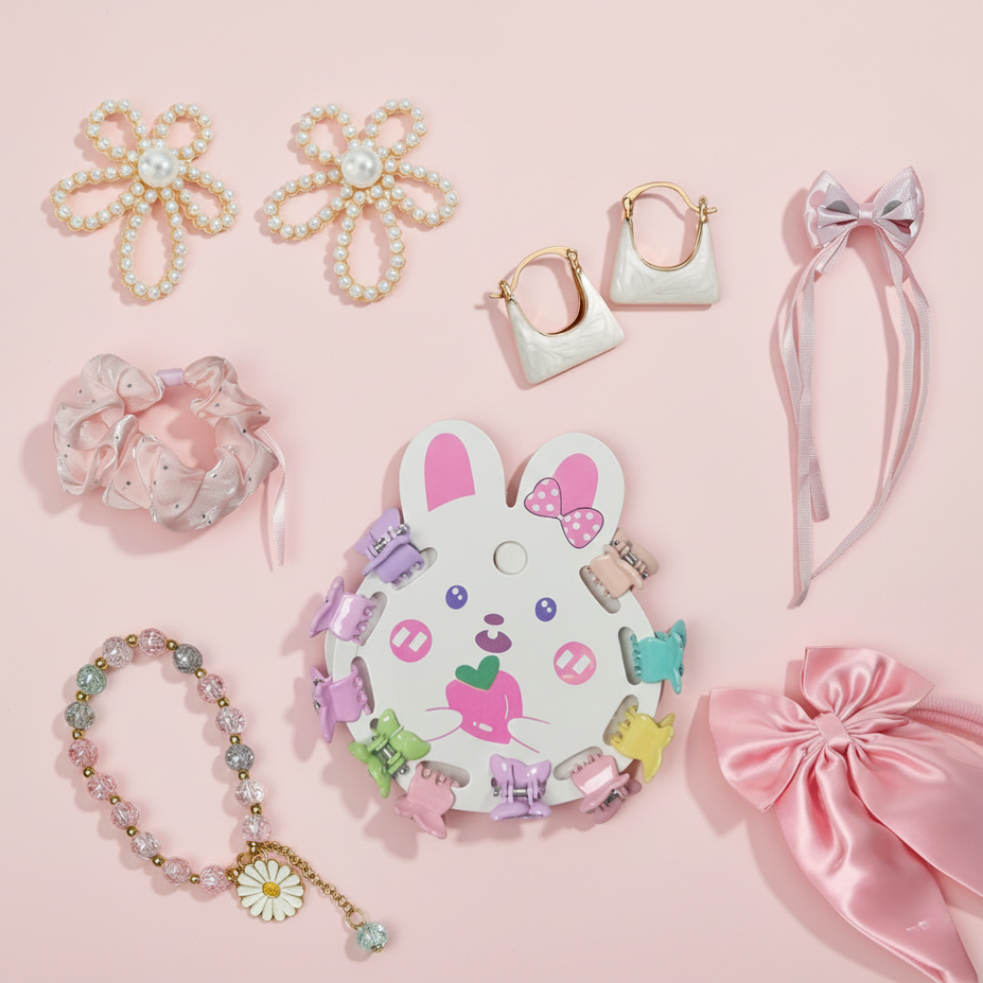 Girls Premium Accessory Gift Hamper – Hair Clips, Pearl Earrings, Bow Set, Scrunchie & Bracelet | Cute Pastel Fashion Kit