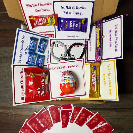 Romantic Surprise Hamper for Girlfriend/Boyfriend – Chocolates, Message Cards & Matching Bracelets