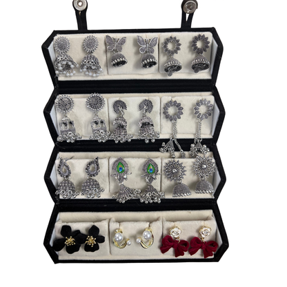 Multi-Design Oxidised Silver Jhumka & Stud Earrings Set for Women