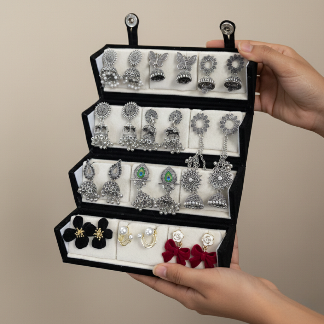 Multi-Design Oxidised Silver Jhumka & Stud Earrings Set for Women