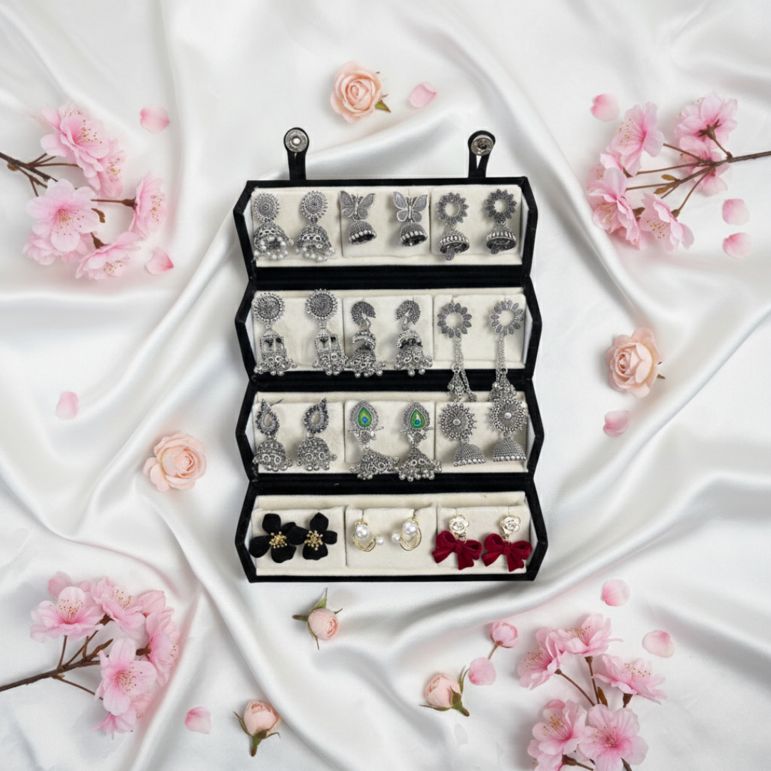 Multi-Design Oxidised Silver Jhumka & Stud Earrings Set for Women