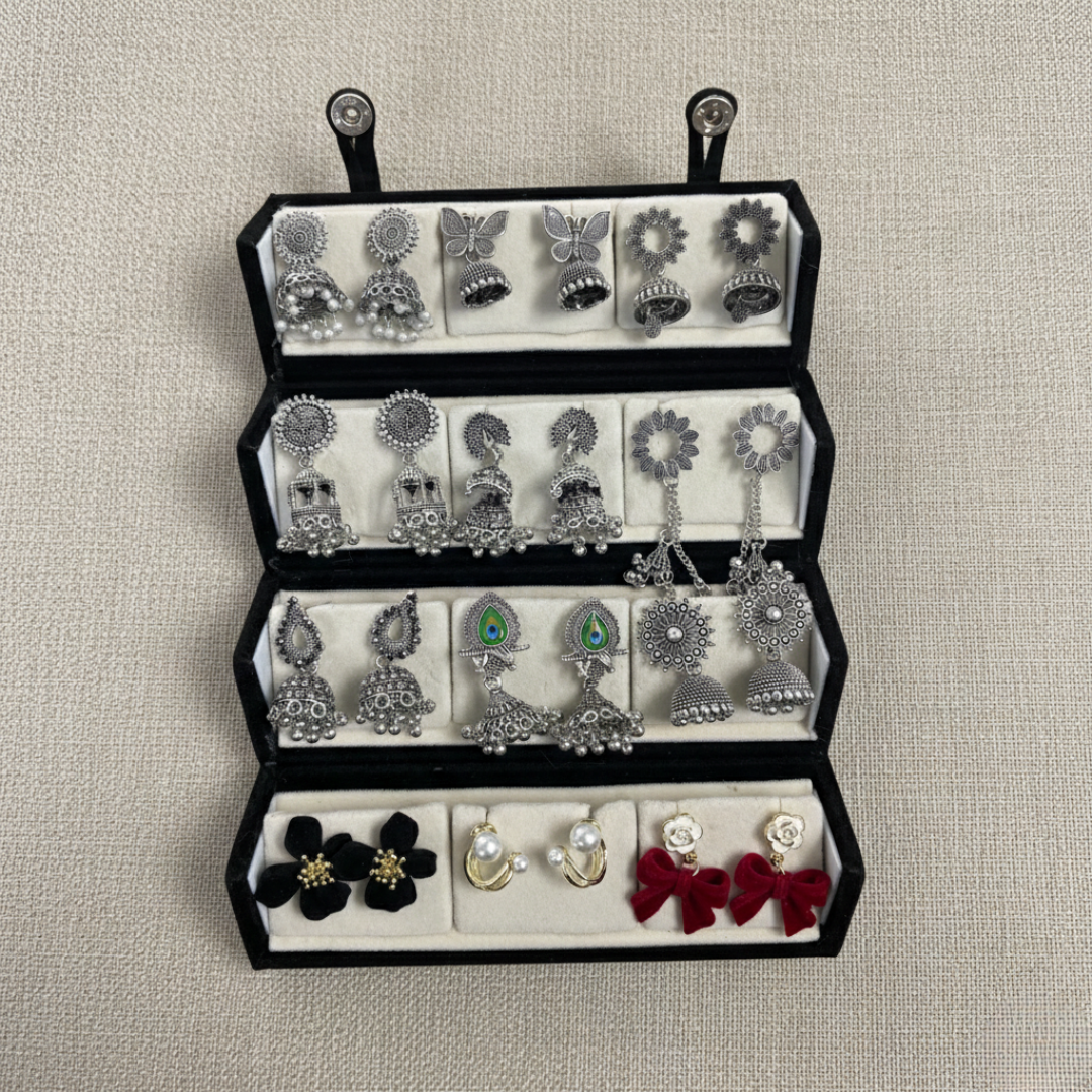 Multi-Design Oxidised Silver Jhumka & Stud Earrings Set for Women