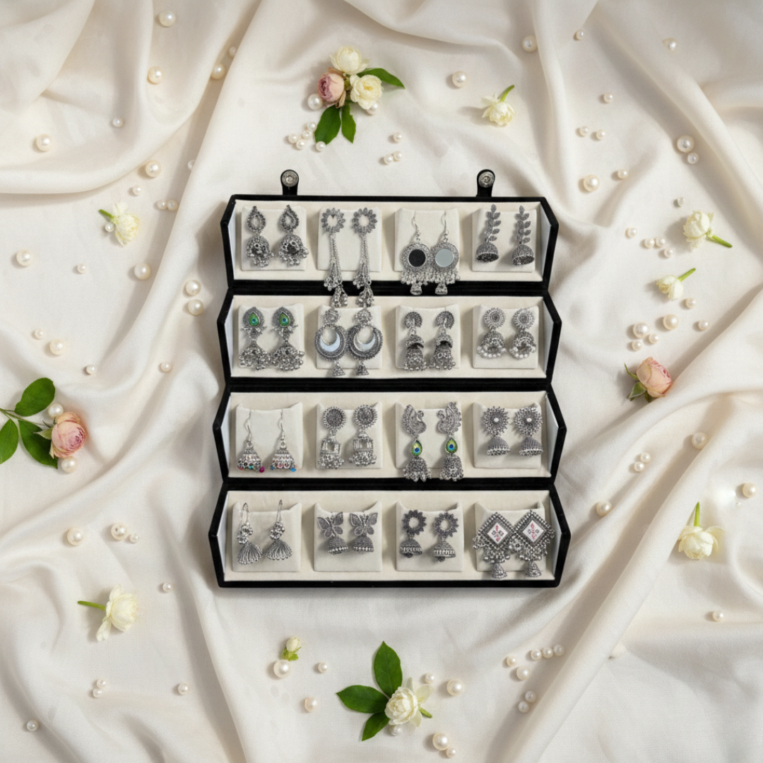 Premium Oxidized Silver Jhumki Set with Foldable Jewelry Organizer Box – 16 Designer Earrings Collection for Girls & Women